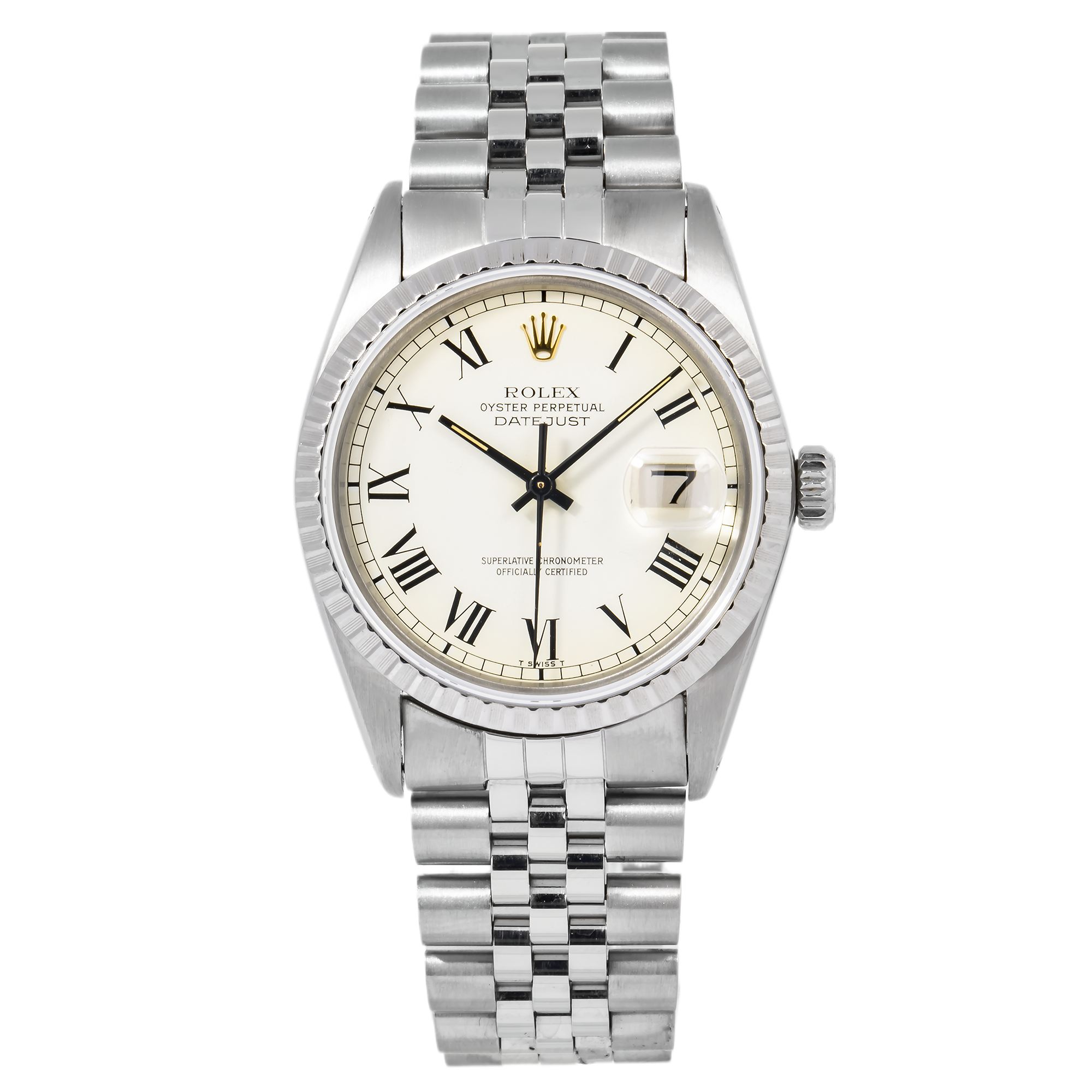 Rolex Datejust 36MM 1603 White Roman Dial Engine Turned Bezel Stainless Steel Jubilee Bracelet