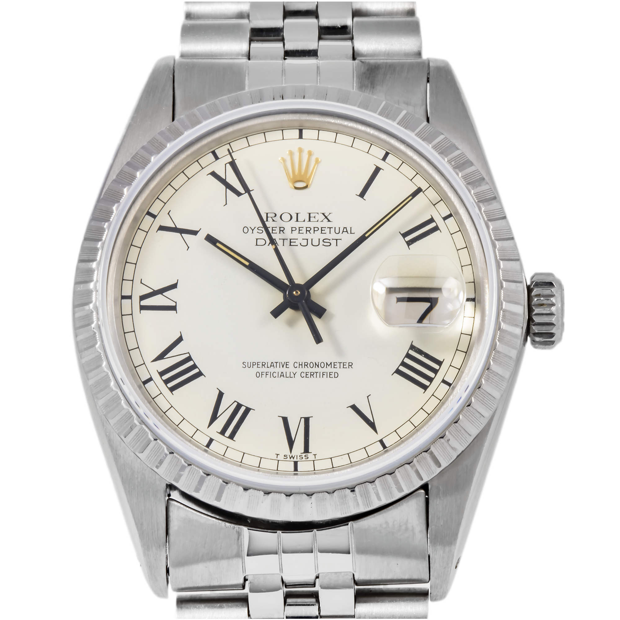 Rolex Datejust 36MM 1603 White Roman Dial Engine Turned Bezel Stainless Steel Jubilee Bracelet