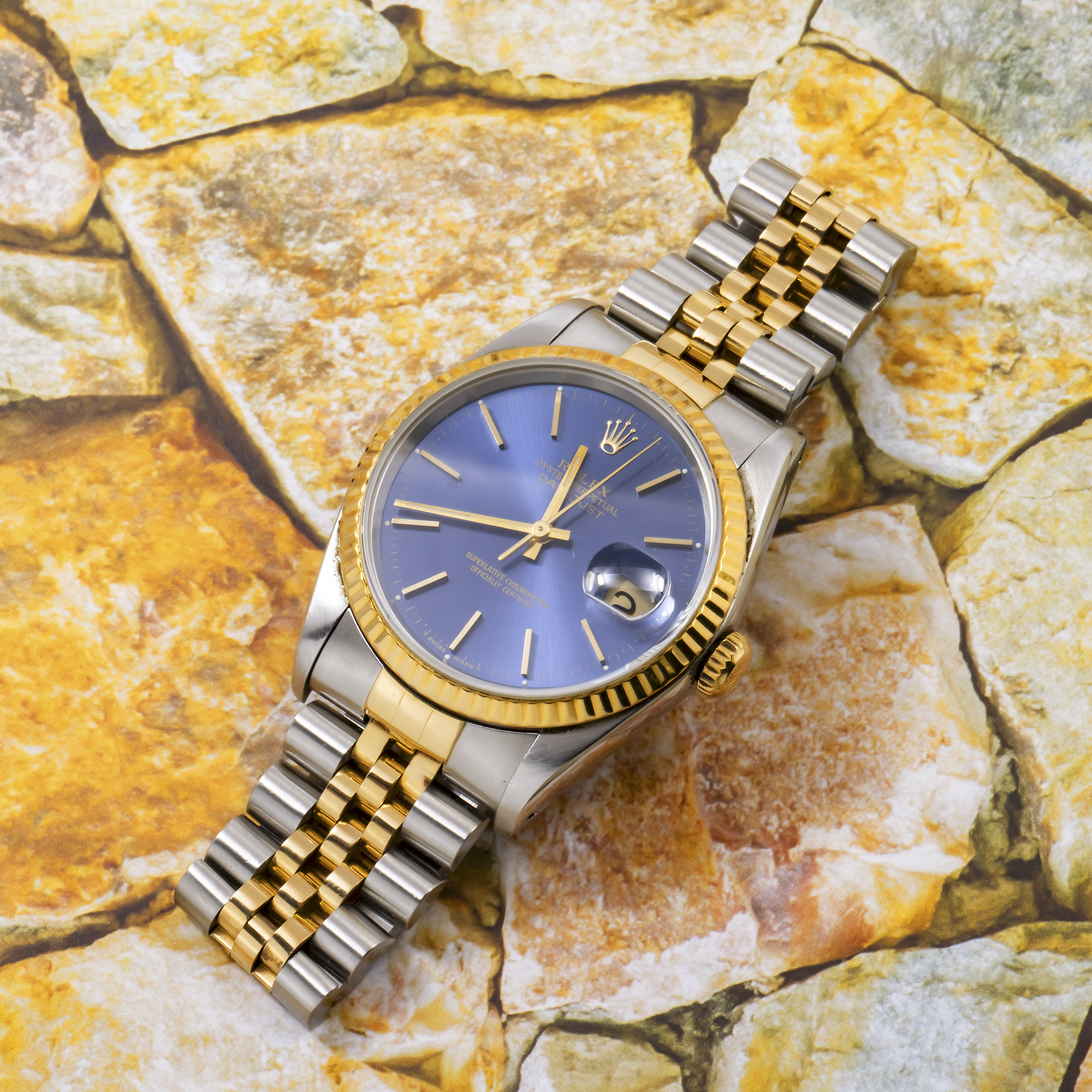 Rolex Datejust 36MM 16013 Blue Dial Fluted Bezel Two Tone Yellow Gold Jubilee Bracelet