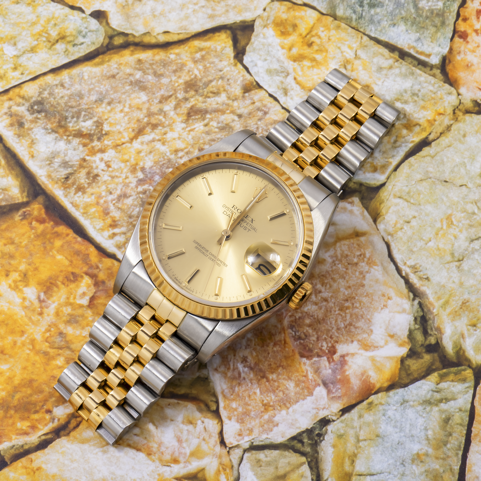 Rolex Datejust 36MM 16013 Champagne Dial Fluted Bezel Two Tone Yellow Gold Jubilee Bracelet