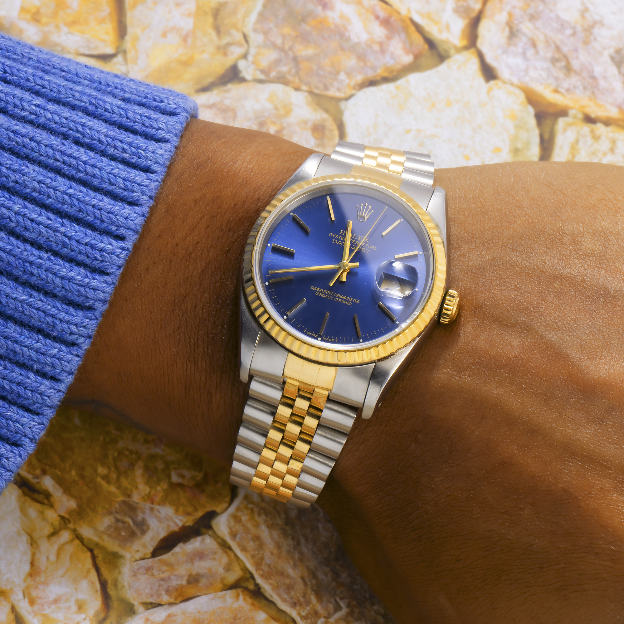 Rolex Datejust 36MM 16013 Blue Dial Fluted Bezel Two Tone Yellow Gold Jubilee Bracelet