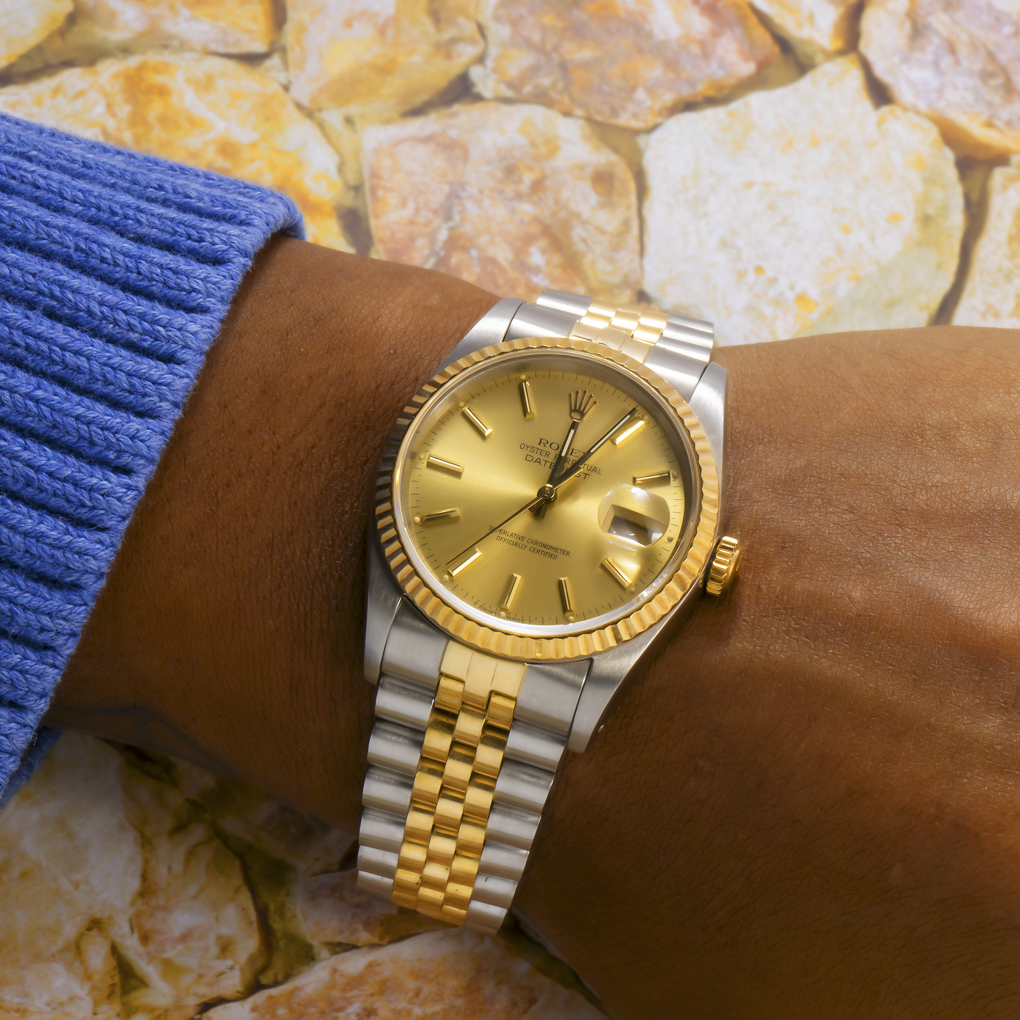Rolex Datejust 36MM 16013 Champagne Dial Fluted Bezel Two Tone Yellow Gold Jubilee Bracelet