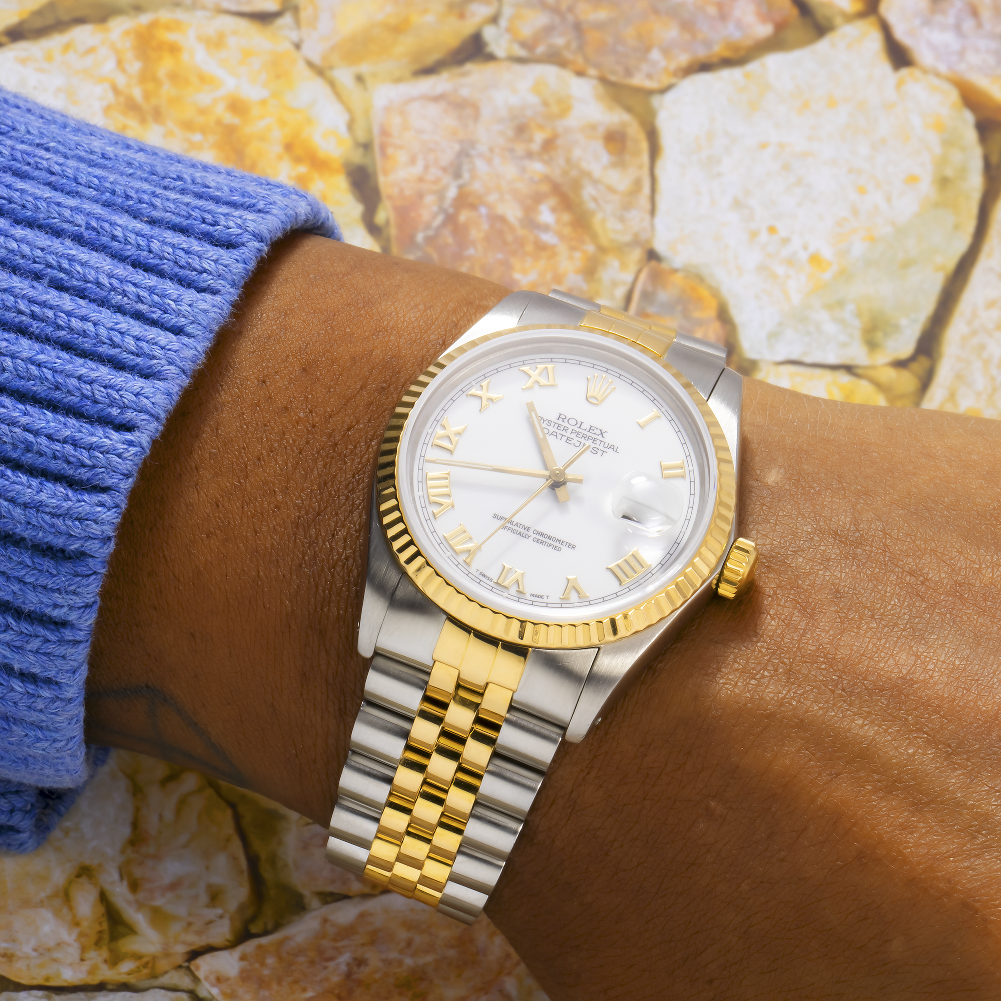 Rolex Datejust 36MM 16013 White Roman Dial Fluted Bezel Two Tone Yellow Gold Jubilee Bracelet