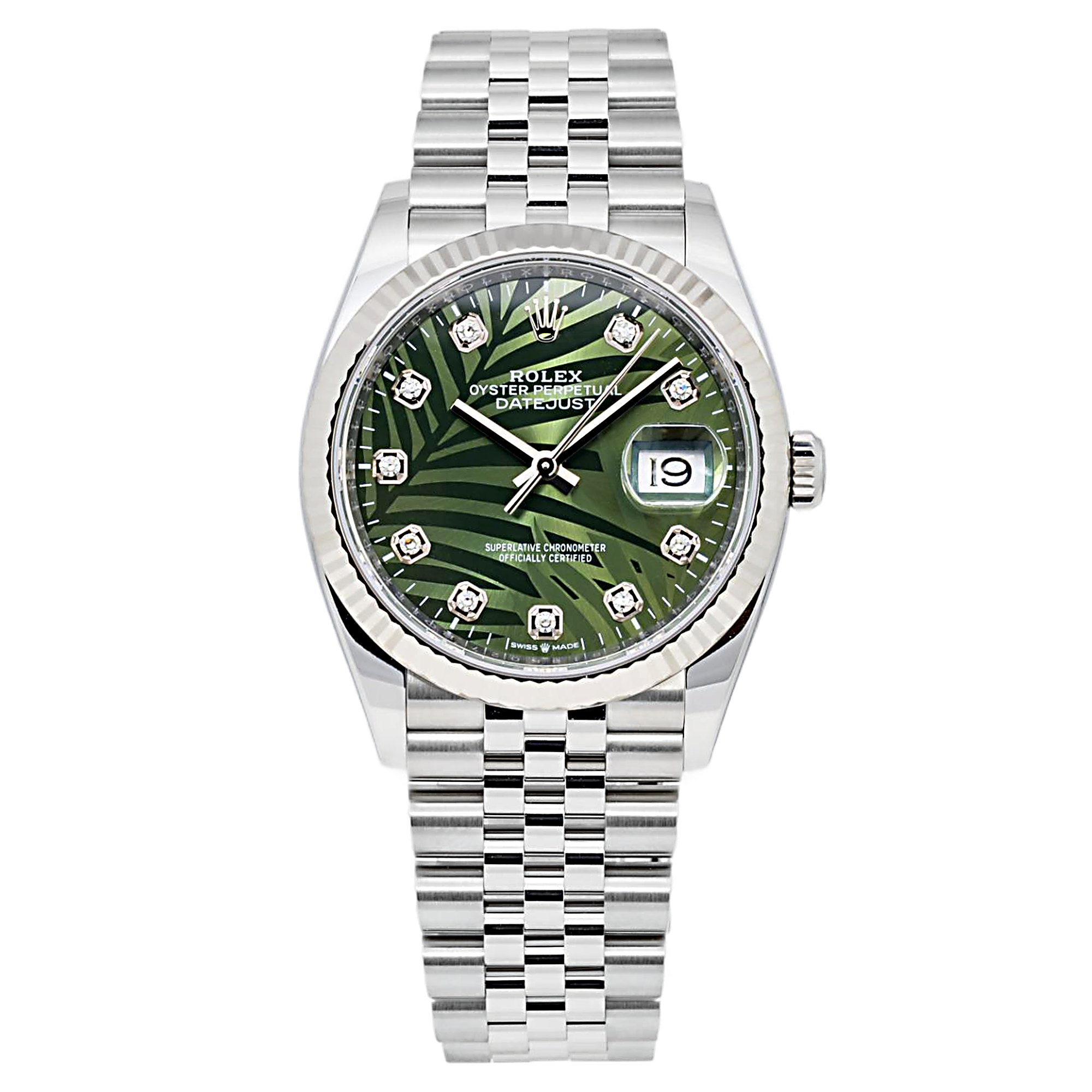 Rolex Datejust 36MM 126234 Green Palm Diamond Dial White Gold Fluted Bezel Stainless Steel Jubilee Bracelet
