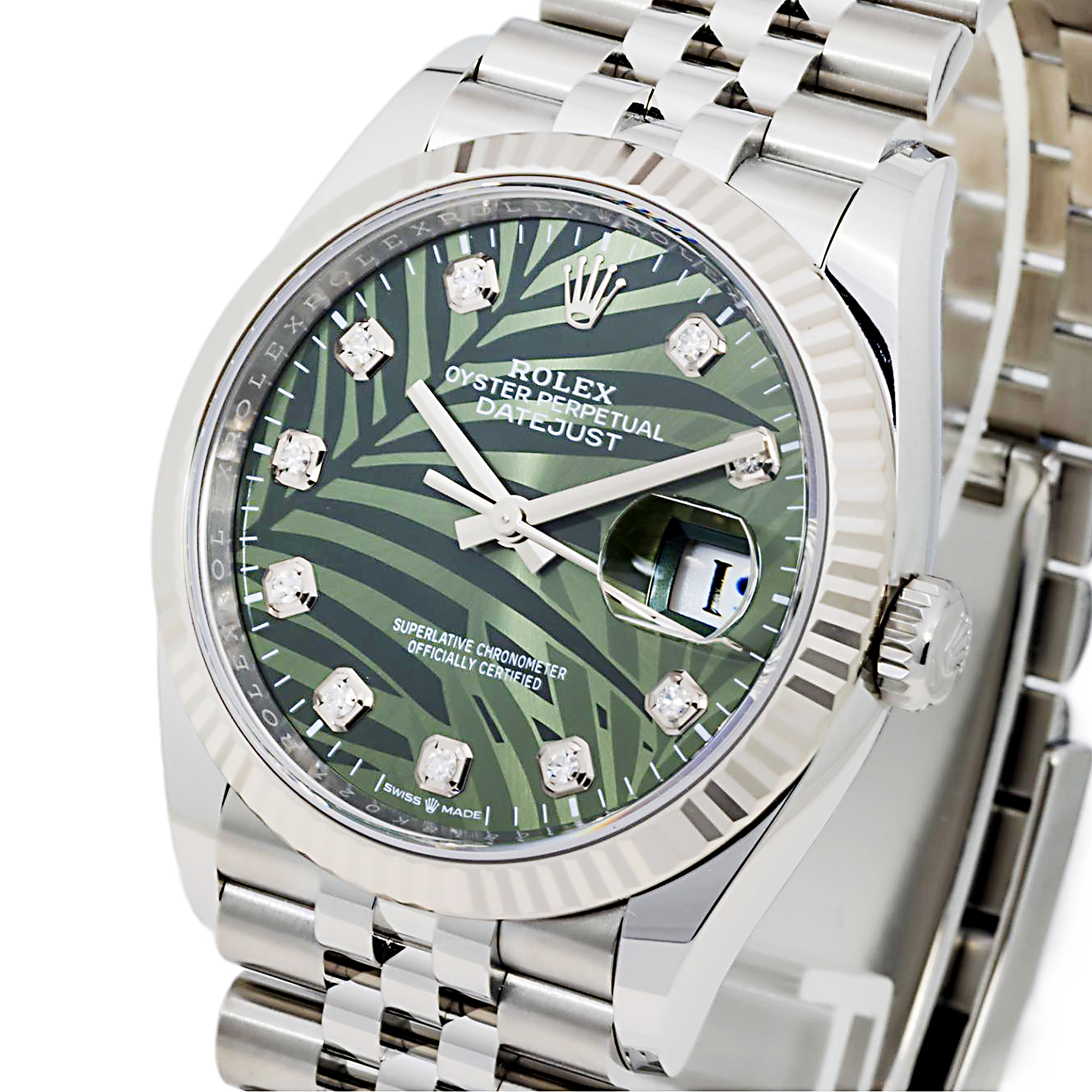 Rolex Datejust 36MM 126234 Green Palm Diamond Dial Fluted Bezel Stainless Steel Jubilee Bracelet