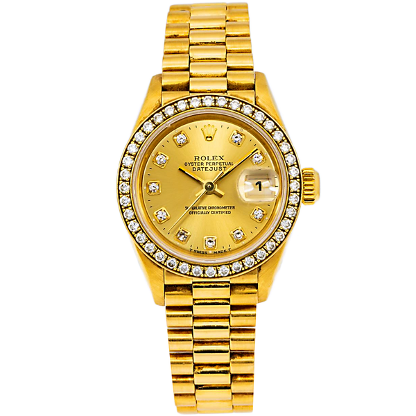 ROLEX LADY-DATEJUST DIAMOND WATCH, 69178 26MM, SILVER DIAMOND DIAL WITH PRESIDENT YELLOW GOLD SEMI DIAMOND JUBILEE BRACELET.