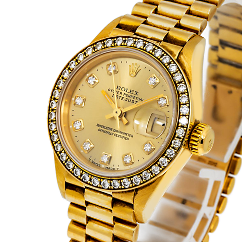 ROLEX LADY-DATEJUST DIAMOND WATCH, 69178 26MM, SILVER DIAMOND DIAL WITH PRESIDENT YELLOW GOLD SEMI DIAMOND JUBILEE BRACELET.