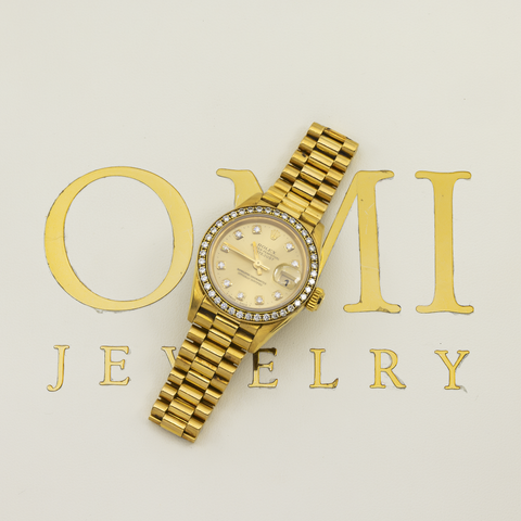 ROLEX LADY-DATEJUST DIAMOND WATCH, 69178 26MM, SILVER DIAMOND DIAL WITH PRESIDENT YELLOW GOLD SEMI DIAMOND JUBILEE BRACELET.