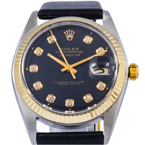 ROLEX DATEJUST 1601 36MM BLACK DIAMOND DIAL WITH BLACK LEATHER STRAP