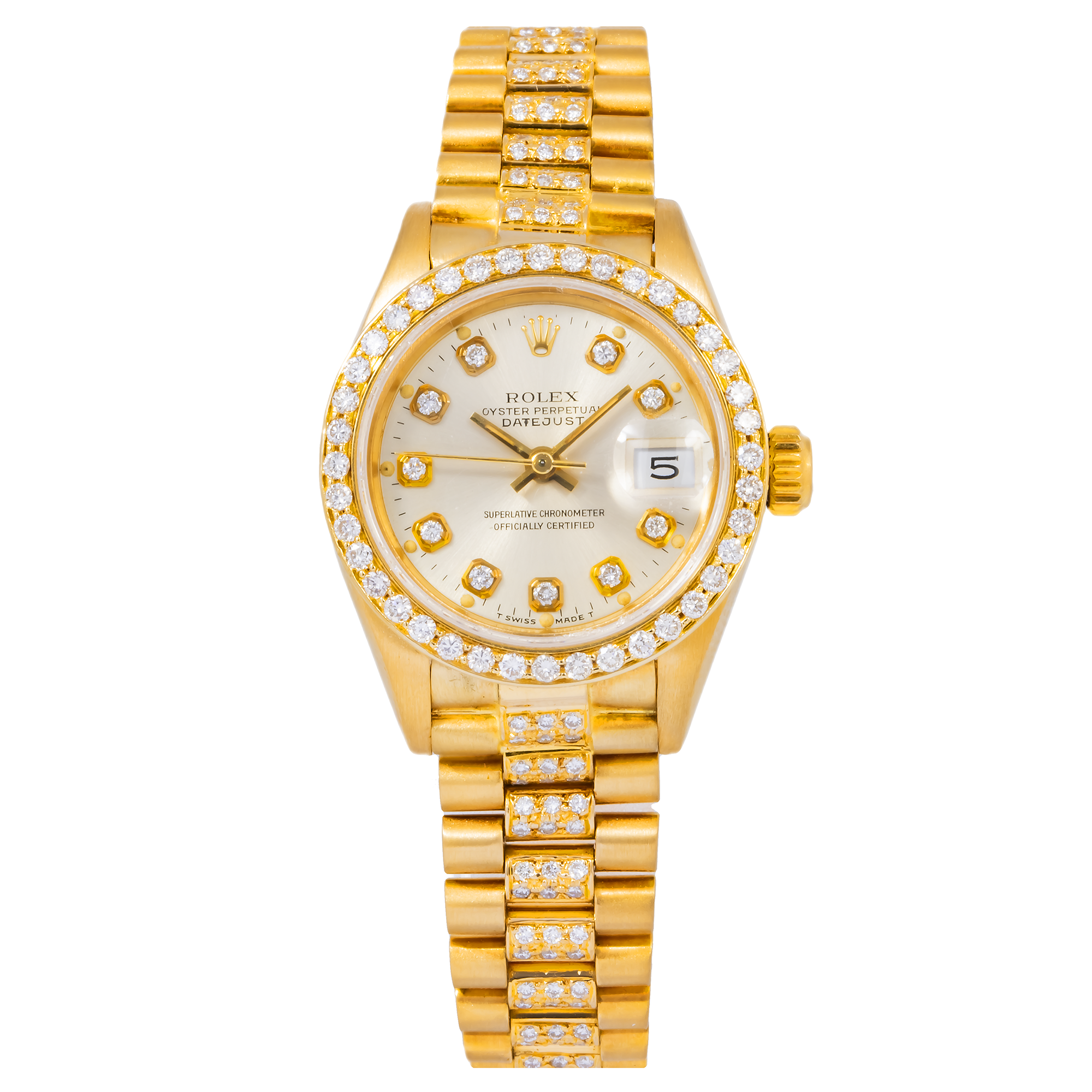 Rolex Datejust 26MM 69178 Mother of Pearl Diamond Dial Diamond Bezel 18K Yellow Gold Semi Diamond President Bracelet