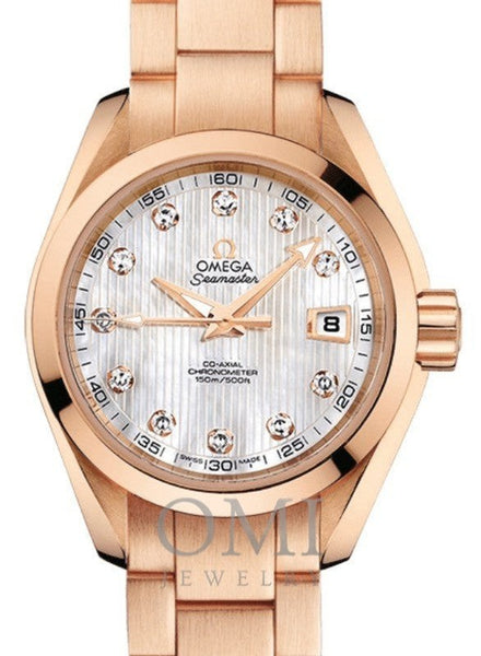 OMEGA SEAMASTER AQUA TERRA 150M CO-AXIAL CHRONOMETER 30MM RED GOLD WHITE MOTHER OF PEARL DIAL DIAMOND SET INDEX 231.50.30.20.55.001 WITH RED GOLD BRACELET (Copy)