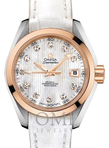 OMEGA SEAMASTER AQUA TERRA 150M CO-AXIAL CHRONOMETER 30MM STAINLESS STEEL RED GOLD WHITE MOTHER OF PEARL DIAL DIAMOND SET INDEX 231.23.30.20.55.001 WITH ALLIGATOR LEATHER STRAP (Copy)