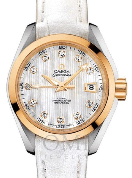 Copy of OMEGA SEAMASTER AQUA TERRA 150M CO-AXIAL CHRONOMETER 30MM STAINLESS STEEL YELLOW GOLD WHITE MOTHER OF PEARL DIAL DIAMOND SET INDEX 231.23.30.20.55.002 WITH  ALLIGATOR LEATHER STRAP