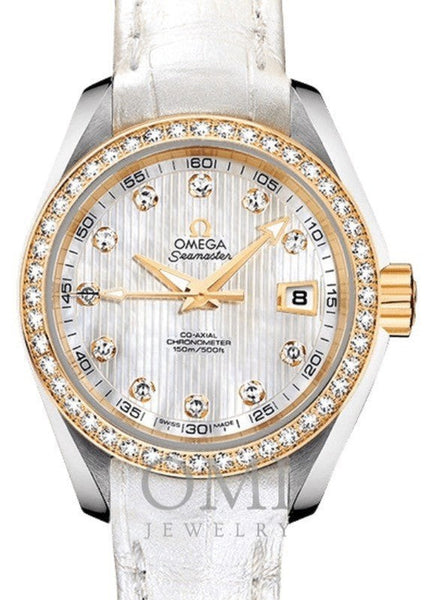 Copy of OMEGA SEAMASTER AQUA TERRA 150M CO-AXIAL CHRONOMETER 30MM STAINLESS STEEL YELLOW GOLD DIAMOND BEZEL WHITE MOTHER OF PEARL DIAL DIAMOND SET INDEX 231.28.30.20.55.002 WITH ALLIGATOR LEATHER STRAP