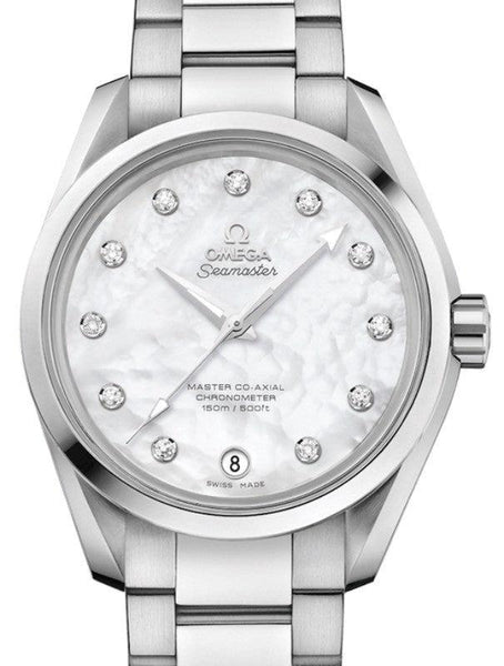 OMEGA SEAMASTER AQUA TERRA 150M MASTER CO-AXIAL CHRONOMETER LADIES 38.5MM  STAINLESS STEEL WHITE MOTHER OF PEARL DIAL DIAMOND INDEX  231.10.39.21.55.002 