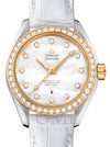 OMEGA SEAMASTER AQUA TERRA 150M MASTER CO-AXIAL CHRONOMETER 34MM STAINLESS STEEL YELLOW GOLD DIAMOND BEZEL WHITE MOTHER OF PEARL DIAL DIAMOND SET INDEX 231.28.34.20.55.004 WITH ALLIGATOR LEATHER STRAP