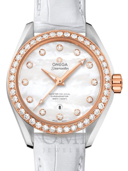 OMEGA SEAMASTER AQUA TERRA 150M MASTER CO-AXIAL CHRONOMETER 34MM STAINLESS STEEL SEDNA GOLD DIAMOND BEZEL WHITE MOTHER OF PEARL DIAL DIAMOND SET INDEX 231.28.34.20.55.003 WITH ALLIGATOR LEATHER STRAP