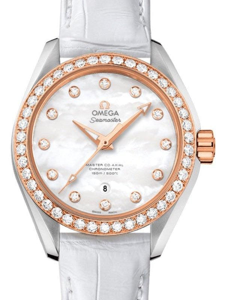 OMEGA SEAMASTER AQUA TERRA 150M MASTER CO-AXIAL CHRONOMETER 34MM STAINLESS STEEL SEDNA GOLD DIAMOND BEZEL WHITE MOTHER OF PEARL DIAL DIAMOND SET INDEX 231.28.34.20.55.003 WITH ALLIGATOR LEATHER STRAP