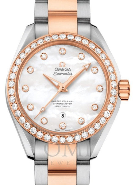 OMEGA SEAMASTER AQUA TERRA 150M MASTER CO-AXIAL CHRONOMETER 34MM STAINLESS STEEL SEDNA GOLD DIAMOND BEZEL WHITE MOTHER OF PEARL DIAL DIAMOND SET INDEX 231.25.34.20.55.005 WITH STEEL AND ROSE GOLD BRACELET