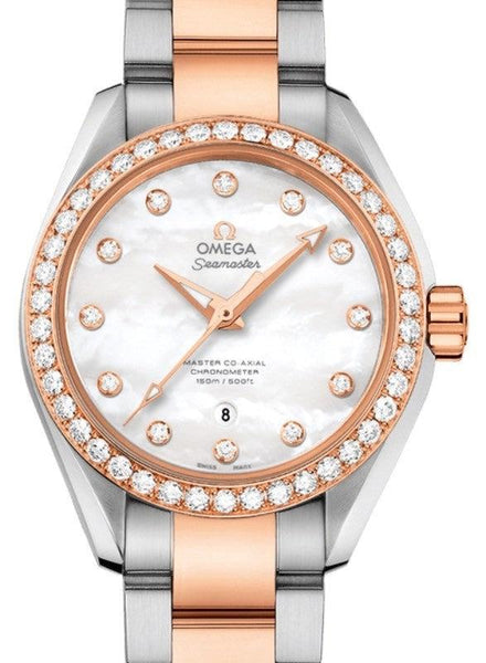 OMEGA SEAMASTER AQUA TERRA 150M MASTER CO-AXIAL CHRONOMETER 34MM STAINLESS STEEL SEDNA GOLD DIAMOND BEZEL WHITE MOTHER OF PEARL DIAL DIAMOND SET INDEX 231.25.34.20.55.005 WITH STEEL AND ROSE GOLD BRACELET