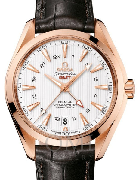 OMEGA SEAMASTER AQUA TERRA 150M CO-AXIAL CHRONOMETER GMT 43MM RED GOLD SILVER DIAL 231.53.43.22.02.001 WITH ALLIGATOR LEATHER STRAP