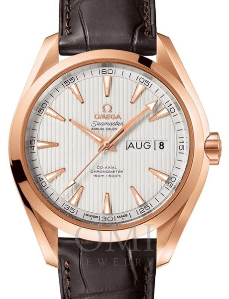 OMEGA SEAMASTER AQUA TERRA 150M CO-AXIAL CHRONOMETER ANNUAL CALENDAR 43MM RED GOLD SILVER 231.53.43.22.02.002 WITH ALLIGATOR LEATHER STRAP