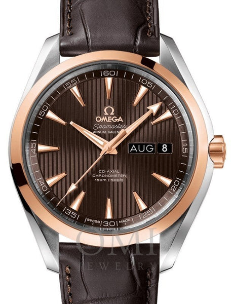 OMEGA SEAMASTER AQUA TERRA 150M CO-AXIAL CHRONOMETER ANNUAL CALENDAR 43MM STAINLESS STEEL RED GOLD GREY DIAL 231.23.43.22.06.002 WITH ALLIGATOR LEATHER STRAP