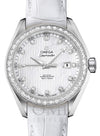 OMEGA SEAMASTER AQUA TERRA 150M CO-AXIAL CHRONOMETER 34MM STAINLESS STEEL DIAMOND BEZEL WHITE MOTHER OF PEARL DIAL DIAMOND SET INDEX 231.18.34.20.55.001 WITH ALLIGATOR LEATHER STRAP