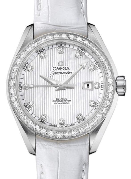 OMEGA SEAMASTER AQUA TERRA 150M CO AXIAL CHRONOMETER 34MM STAINLESS STEEL DIAMOND BEZEL WHITE MOTHER OF PEARL DIAL DIAMOND SET INDEX