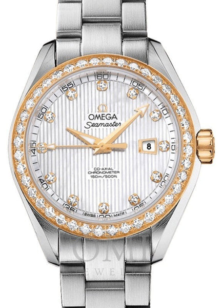 OMEGA SEAMASTER AQUA TERRA 150M CO-AXIAL CHRONOMETER 34MM STAINLESS STEEL YELLOW GOLD DIAMOND BEZEL WHITE MOTHER OF PEARL DIAL DIAMOND SET INDEX 231.25.34.20.55.004 WITH STEEL BRACELET