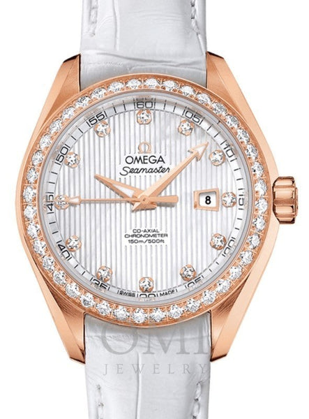 OMEGA SEAMASTER AQUA TERRA 150M CO-AXIAL CHRONOMETER 34MM ROSE GOLD DIAMOND BEZEL WHITE MOTHER OF PEARL DIAL DIAMOND SET INDEX 231.58.34.20.55.002 WITH ALLIGATOR LEATHER STRAP