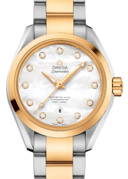 OMEGA AQUA TERRA 150M MASTER CO-AXIAL CHRONOMETER STEEL/YELLOW GOLD 34MM WHITE MOTHER OF PEARL DIAMOND DIAL 231.20.34.20.55.002 WITH STEEL/YELLOW GOLD BRACELET