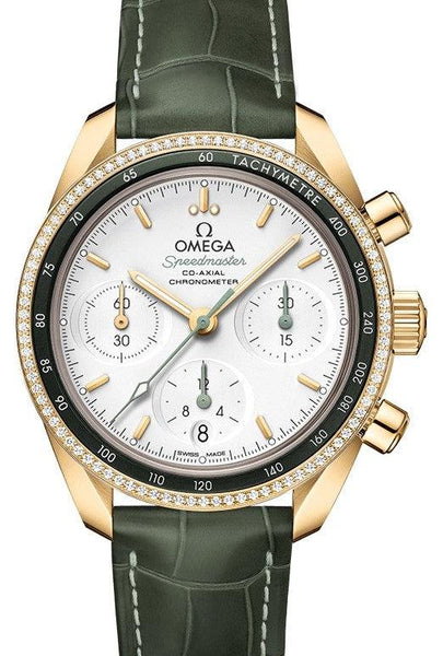 OMEGA SPEEDMASTER 38 CO‑AXIAL CHRONOGRAPH YELLOW GOLD/DIAMONDS SILVER DIAL 324.68.38.50.02.004 WITH LEATHER STRAP.