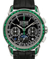 PATEK PHILIPPE GRAND COMPLICATIONS PERPETUAL CALENDAR MOON PHASES CHRONOGRAPH PLATINUM EMERALD BLACK 5271/13P-001 WITH LEATHER STRAP