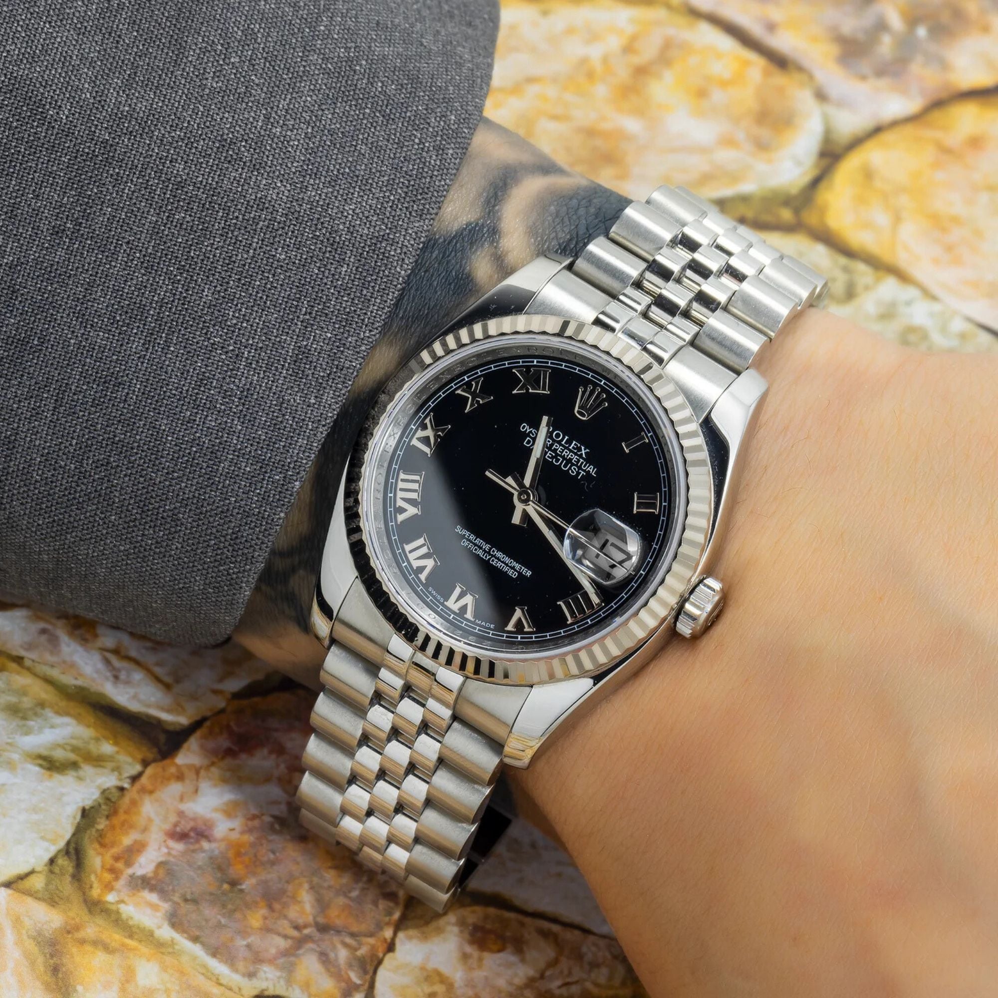 Rolex Datejust 36MM 116234 Black Roman Dial Fluted Bezel Stainless Steel Jubilee Bracelet