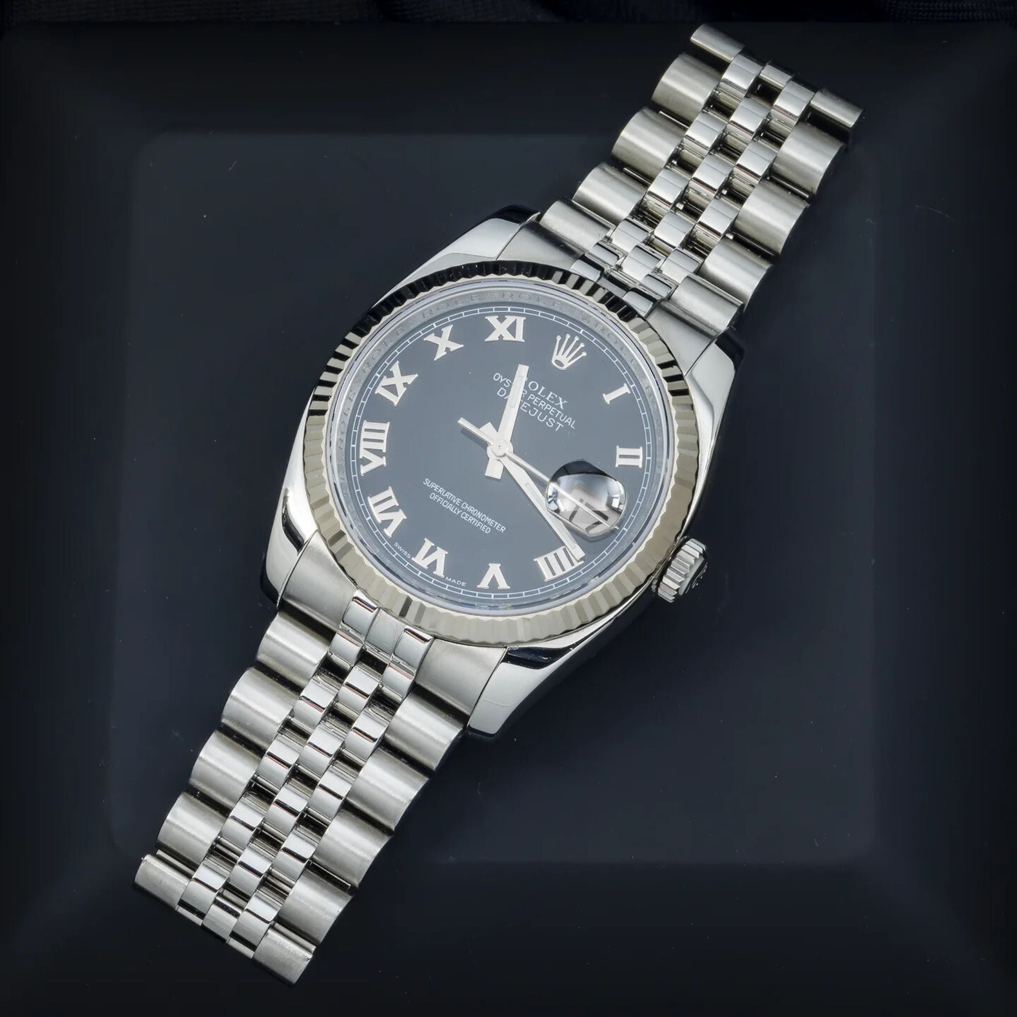 Rolex Datejust 36MM 116234 Black Roman Dial Fluted Bezel Stainless Steel Jubilee Bracelet
