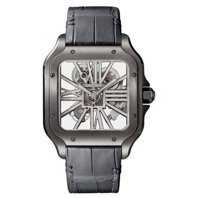 Cartier Santos 39.8MM WHSA0009 Skeleton Roman Dial Black Stainless Steel Bezel Black Leather Strap