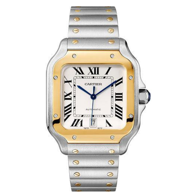 Cartier Santos 39.8MM W2SA0009 Silver Roman Dial Yellow Gold Bezel Two Tone Yellow Gold Bracelet