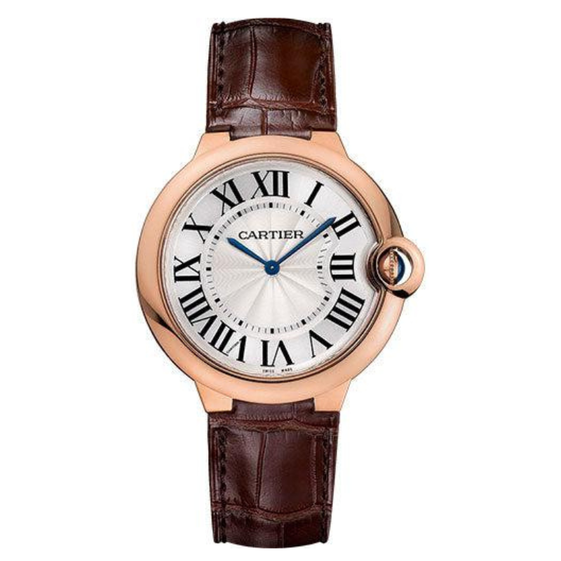 Cartier Ballon Bleu 40MM W6920083 Silver Roman Dial Rose Gold Bezel Brown Leather Strap