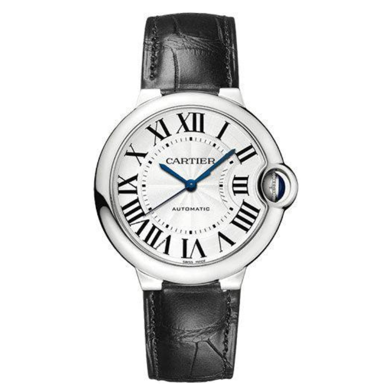 Cartier Ballon Bleu 36MM WSBB0028 Silver Roman Dial Black Leather Strap