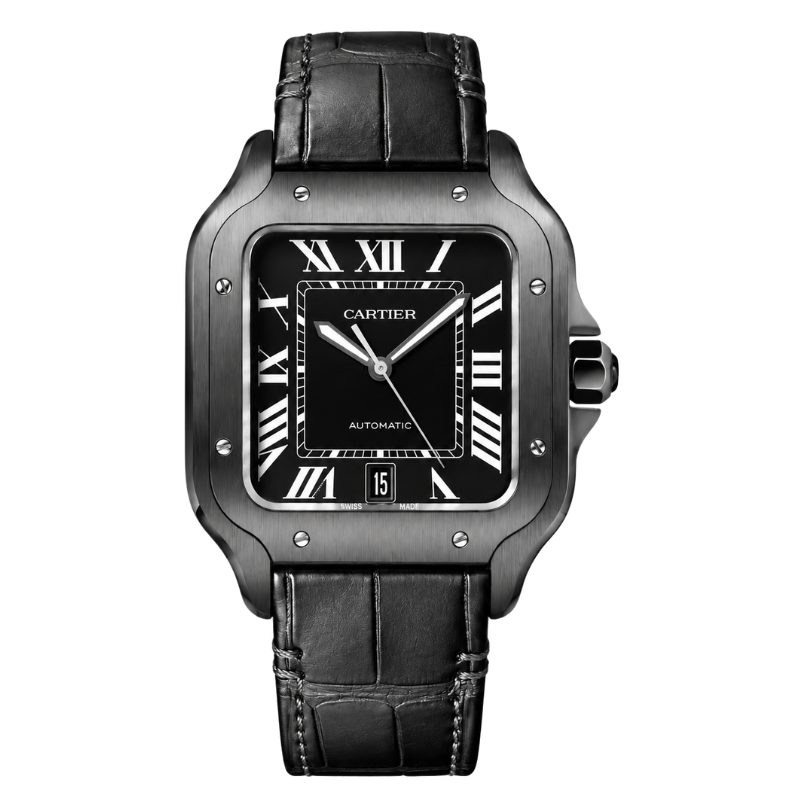 Cartier Santos 39.8MM WSSA0039 Black Roman Dial Black Stainless Steel Bezel Black Leather Strap