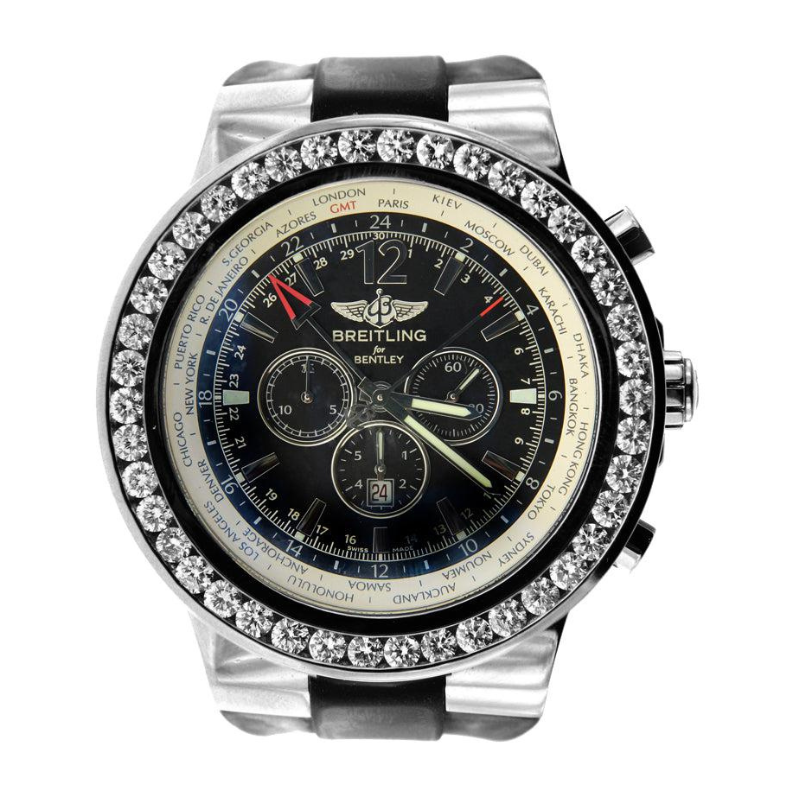 Breitling Bentley GMT 49MM A47362 Black Arabic Dial Diamond Bezel Black Rubber Strap