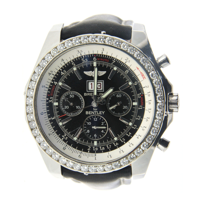 Breitling Bentley 6.75 48MM A44364 Black Dial Diamond Bezel Black Leather Strap
