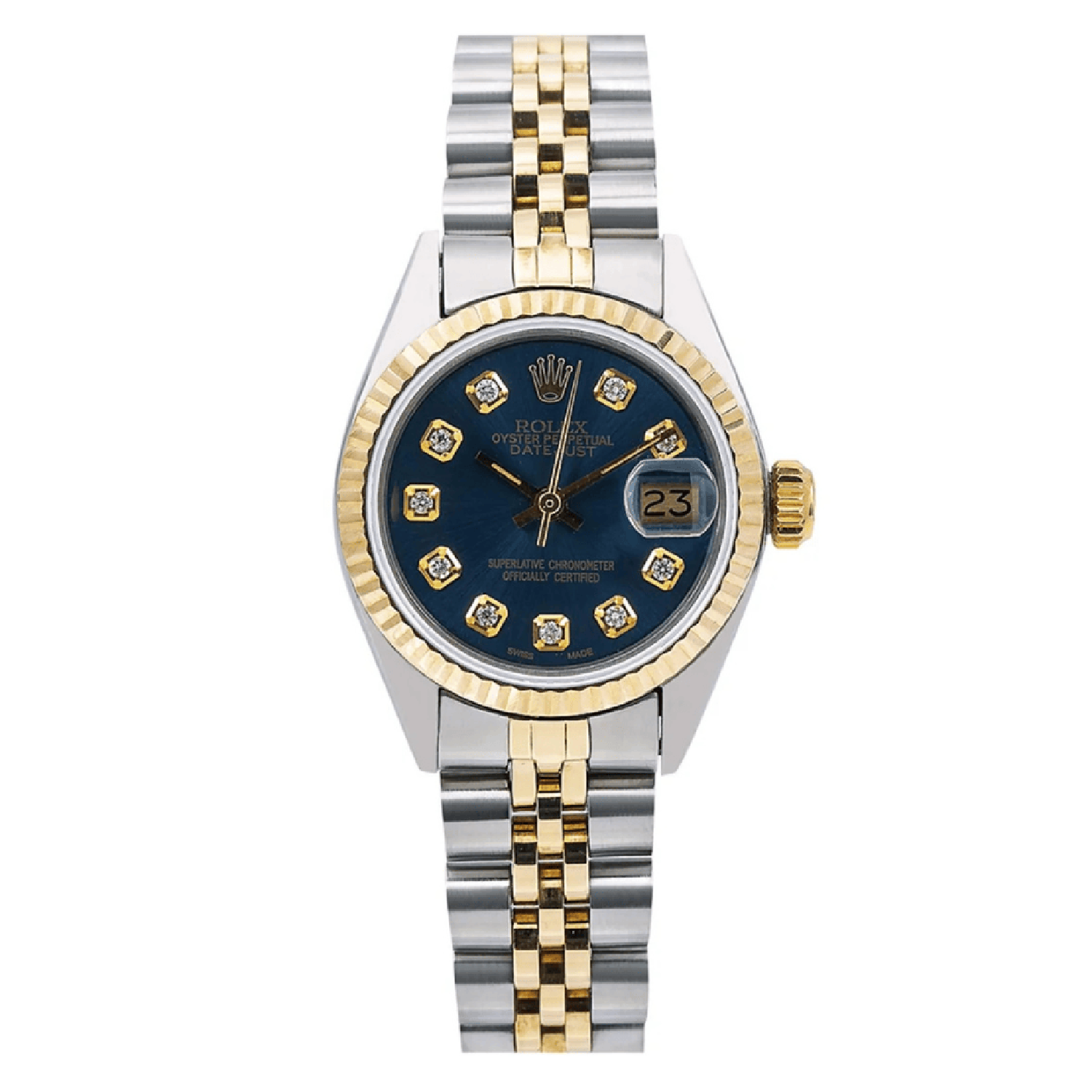 Rolex Datejust 26MM 69173 Blue Diamond Dial Yellow Gold Fluted Bezel Two Tone Jubilee Bracelet