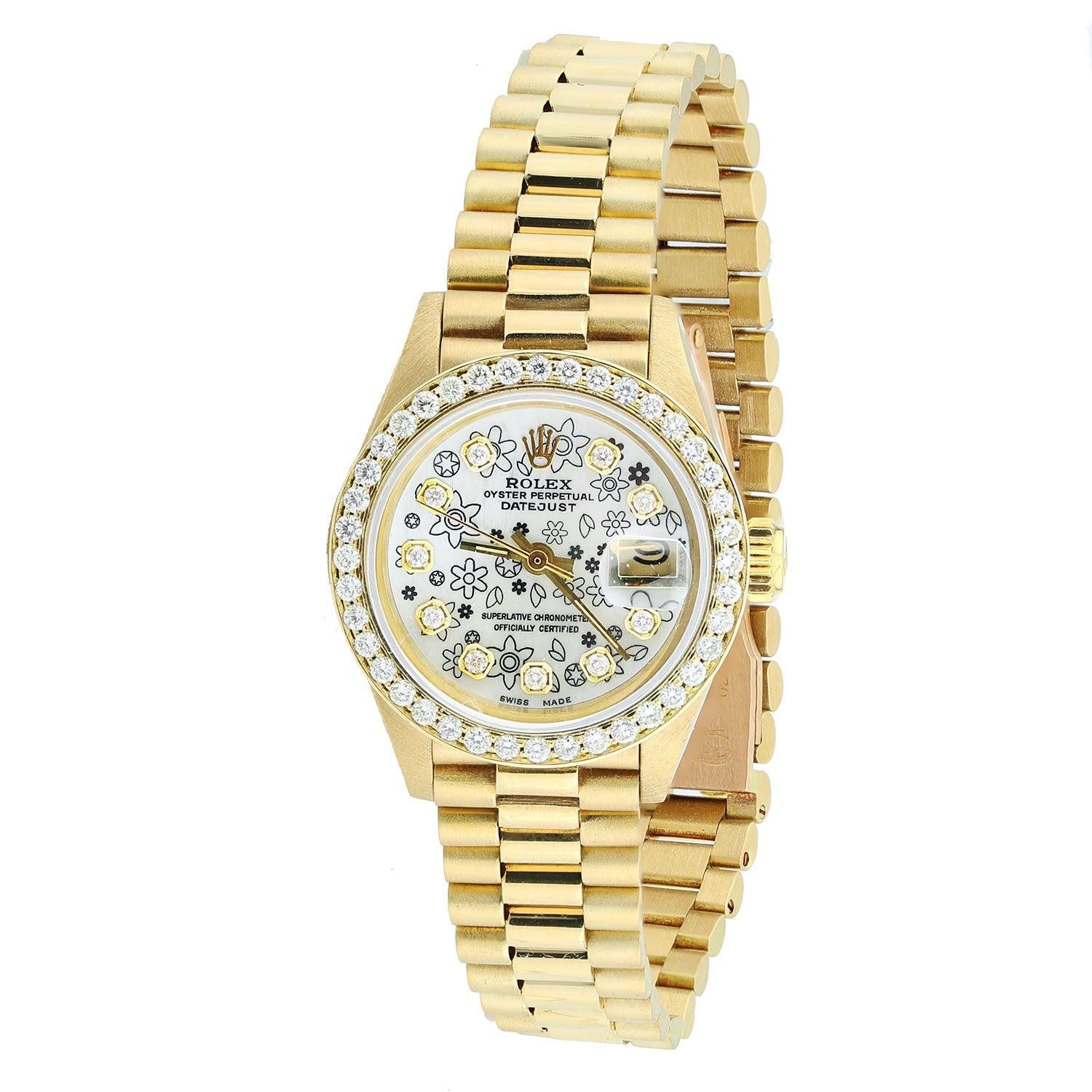 Rolex Datejust 26MM 69178 Silver Floral Diamond Dial Diamond Bezel 18K Yellow Gold President Bracelet 1ct