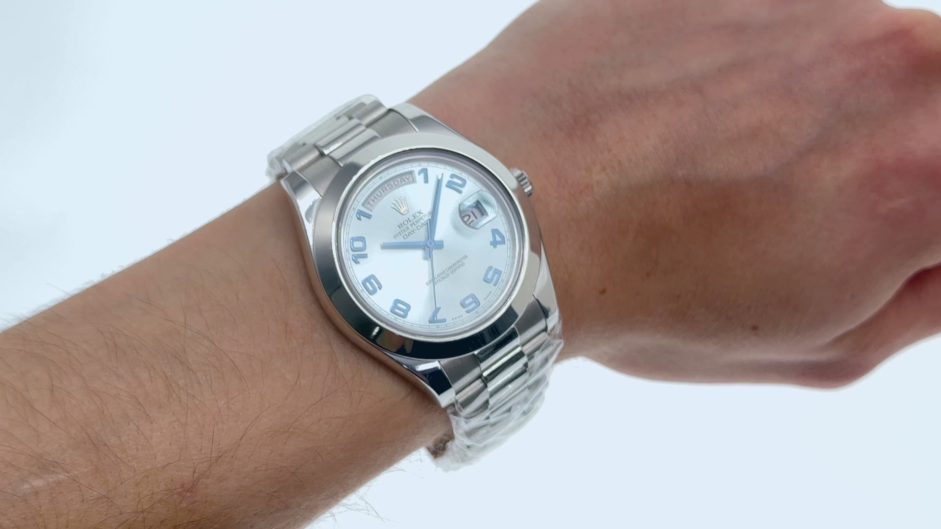 Rolex Day-Date II 41MM 218206 Ice Blue Arabic Dial Platinum Smooth Bezel Platinum President Bracelet