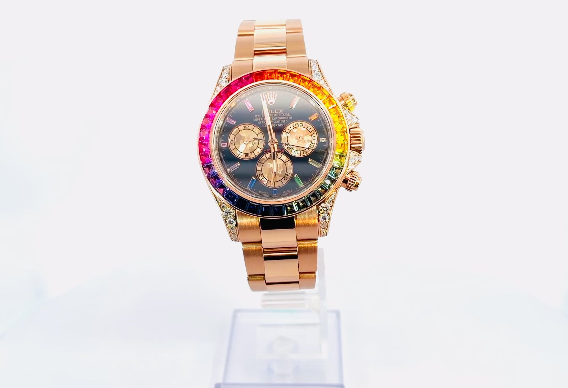 Rolex Cosmograph Daytona 40MM 116505 Black Rainbow Hour Diamond Dial Rainbow Gemstone Bezel 18K Rose Gold Oyster Bracelet