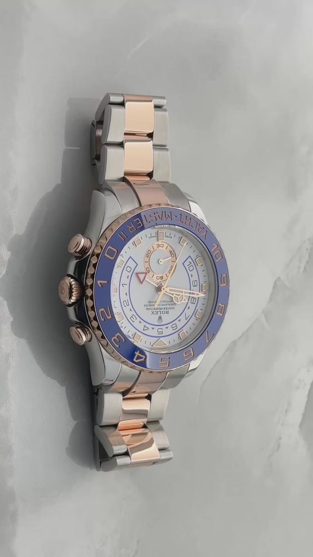 Rolex Yacht-Master II 44MM 116681 White Dial Blue Bezel Two Tone Rose Gold Oyster Bracelet