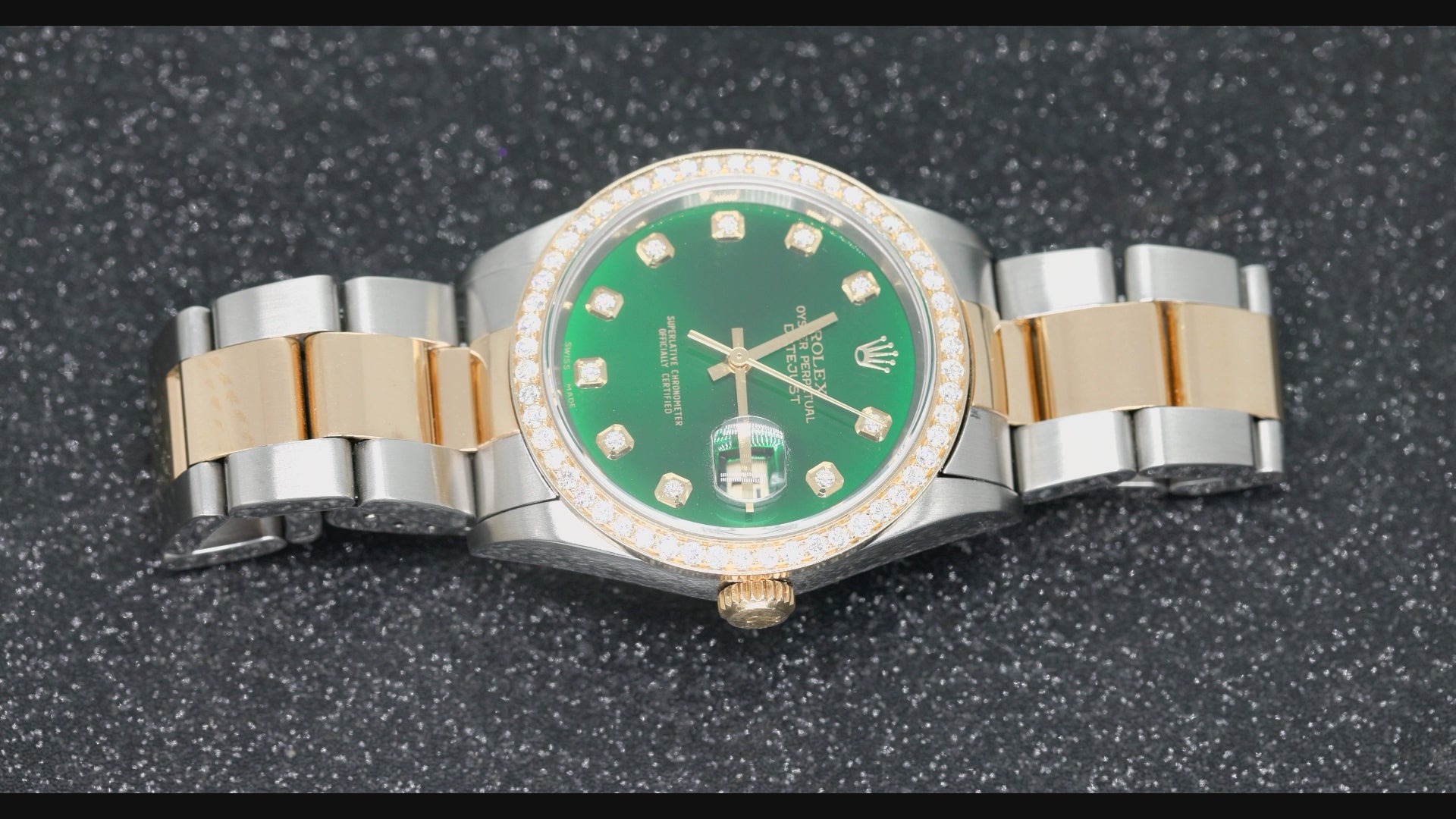 Rolex Datejust 36MM 16203 Green Diamond Dial Diamond Bezel Two Tone Yellow Gold Oyster Bracelet