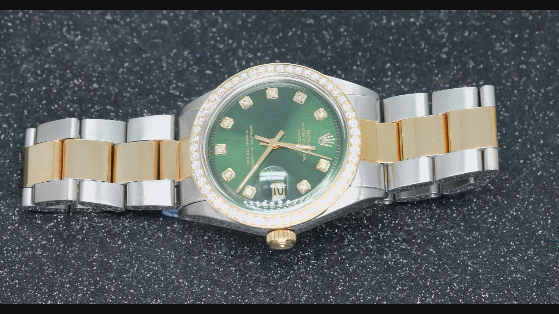 Rolex Datejust 36MM 1601 Green Diamond Dial Diamond Bezel Two Tone Yellow Gold Oyster Bracelet
